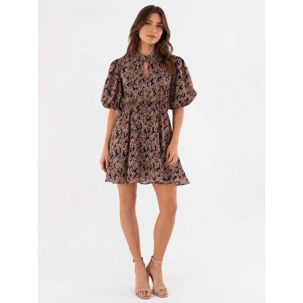 THML Floral Puff Sleeve Flutter Mini Dress Sz Small Black Tan Keyhole Boho Chic